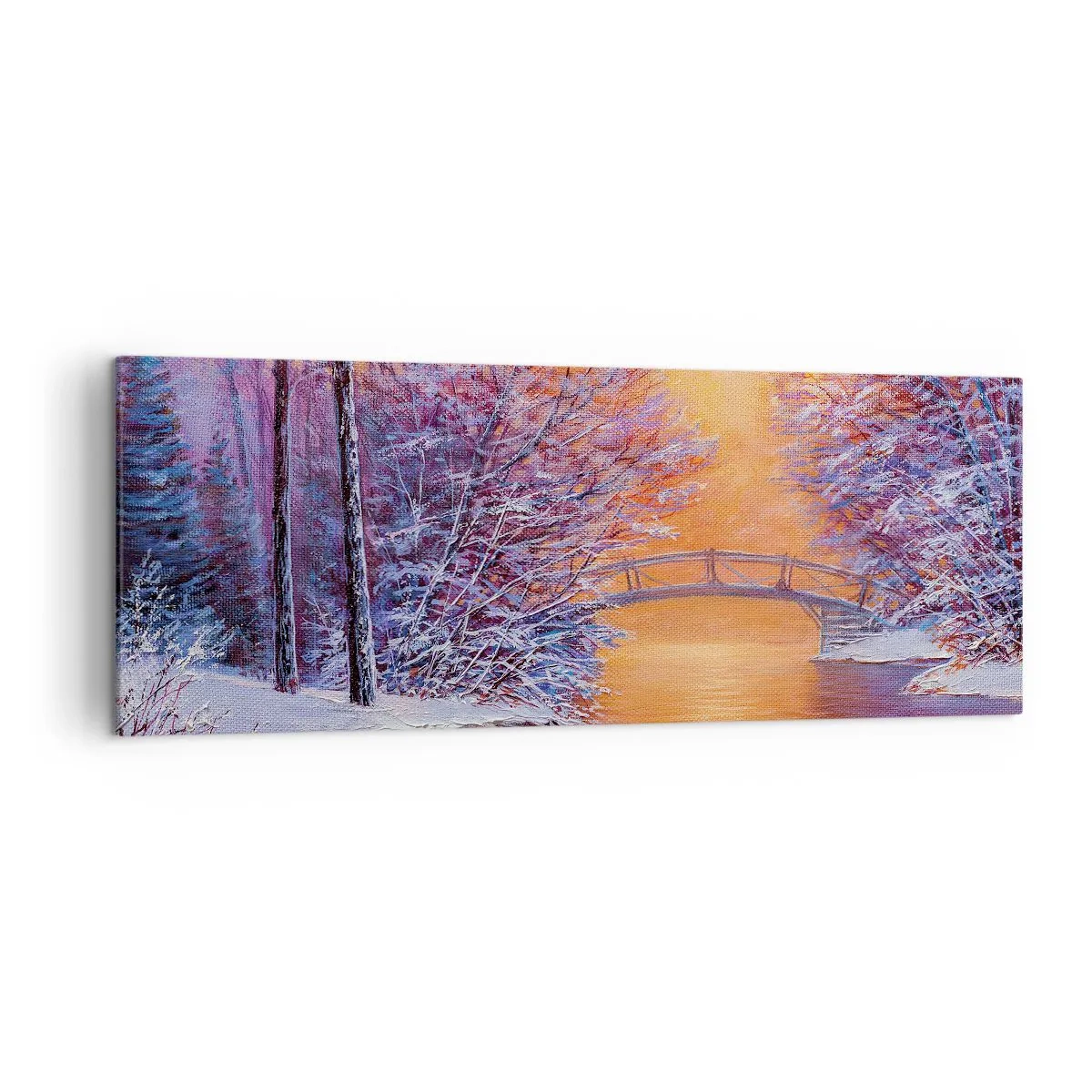 Impression sur toile - Image sur toile - Paysage d'hiver avec un pont et un coucher de soleil - 140x50cm - On se rencontre ici - Décoration murale moderne pour le salon et la chambre ARTTOR