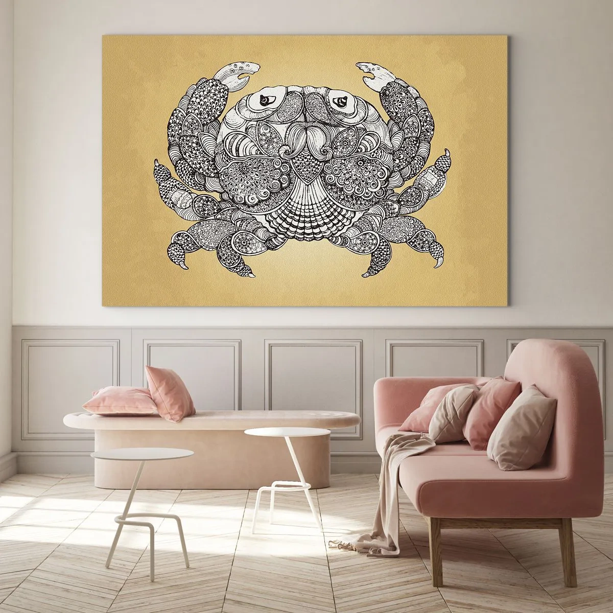 Impression sur verre - Image sur verre - Dessin stylisé d'un crabe avec des ornements sur fond jaune - 100x70cm - Les contes de M. Crabe - Décoration murale moderne pour le salon et la chambre ARTTOR