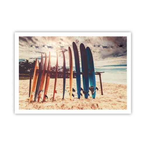 Affiche - Poster - Planches de surf sur la plage au coucher du soleil - 100x70cm - Bonne nuit, à demain - Décoration murale moderne pour le salon et la chambre ARTTOR