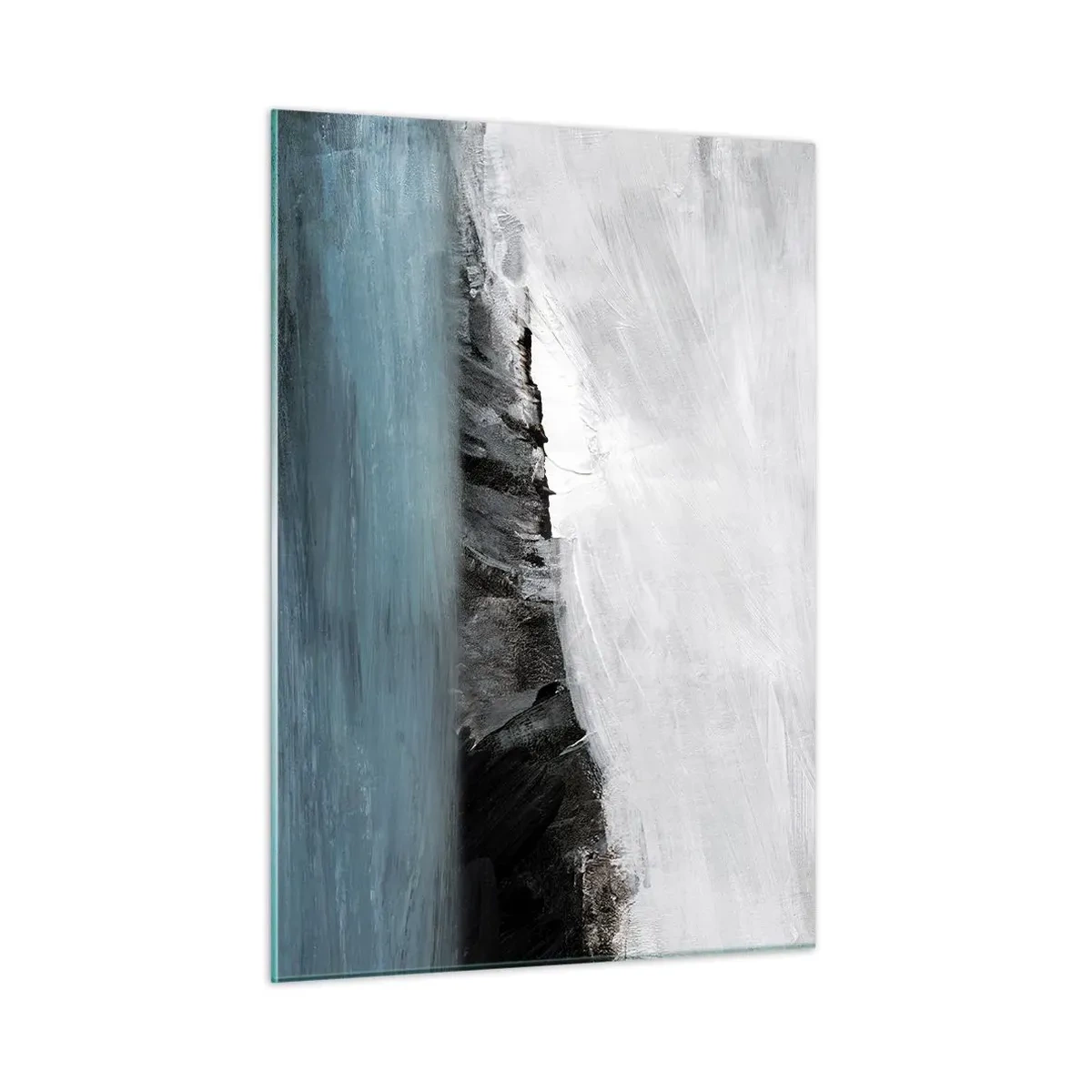 Impression sur verre - Image sur verre - Composition abstraite dans les tons de bleu, blanc et noir - 50x70cm - Eau – terre : choc des éléments - Décoration murale moderne pour le salon et la chambre ARTTOR