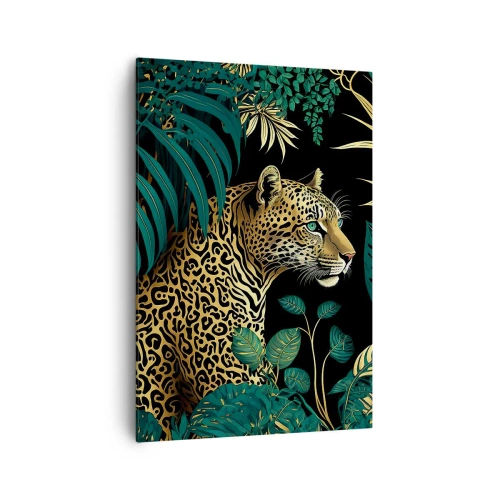 Impression sur toile - Image sur toile - Léopard dans des feuilles tropicales sur fond noir - 70x100cm - Un hôte dans la jungle - Décoration murale moderne pour le salon et la chambre ARTTOR