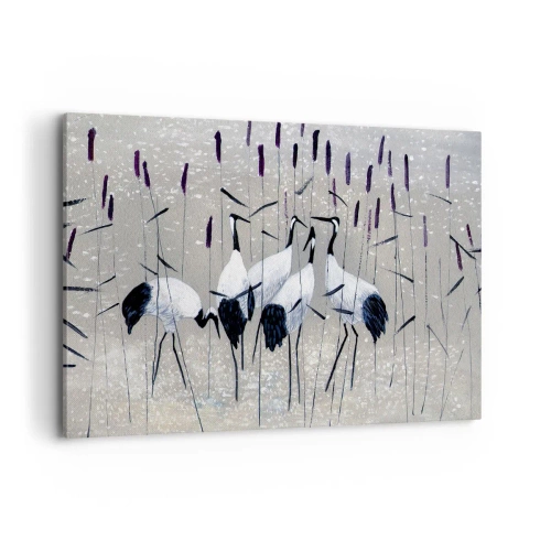 Impression sur toile - Image sur toile - Hérons dans l'herbe sur un fond paisible - 120x80cm - Parmi les siens - Décoration murale moderne pour le salon et la chambre ARTTOR