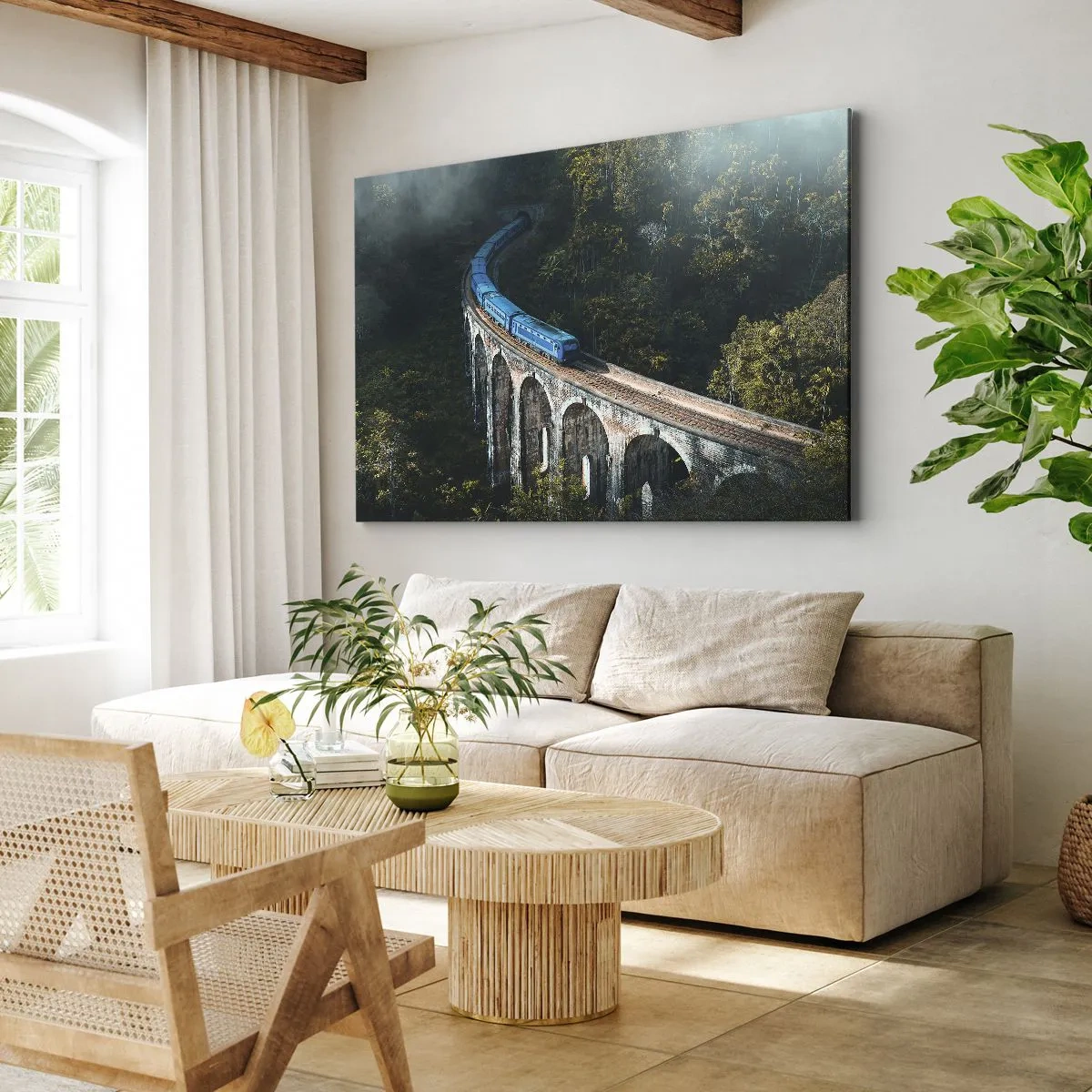 Impression sur toile - Image sur toile - Un train bleu sur un viaduc historique au milieu des forêts - 120x80cm - Train nature - Décoration murale moderne pour le salon et la chambre ARTTOR