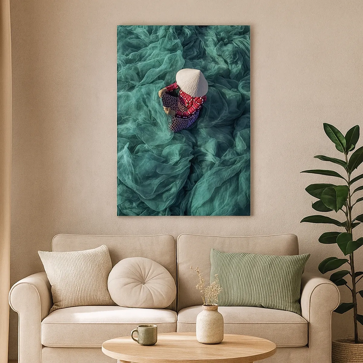 Impression sur toile - Image sur toile - Une personne avec un chapeau parmi des filets de pêche verts - 50x70cm - Dans une mer de filet - Décoration murale moderne pour le salon et la chambre ARTTOR
