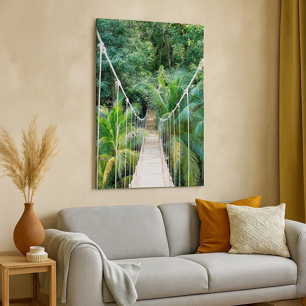 Impression sur toile - Image sur toile - Un pont suspendu dans une jungle tropicale pleine de verdure - 50x70cm - Welcome to the jungle! - Décoration murale moderne pour le salon et la chambre ARTTOR