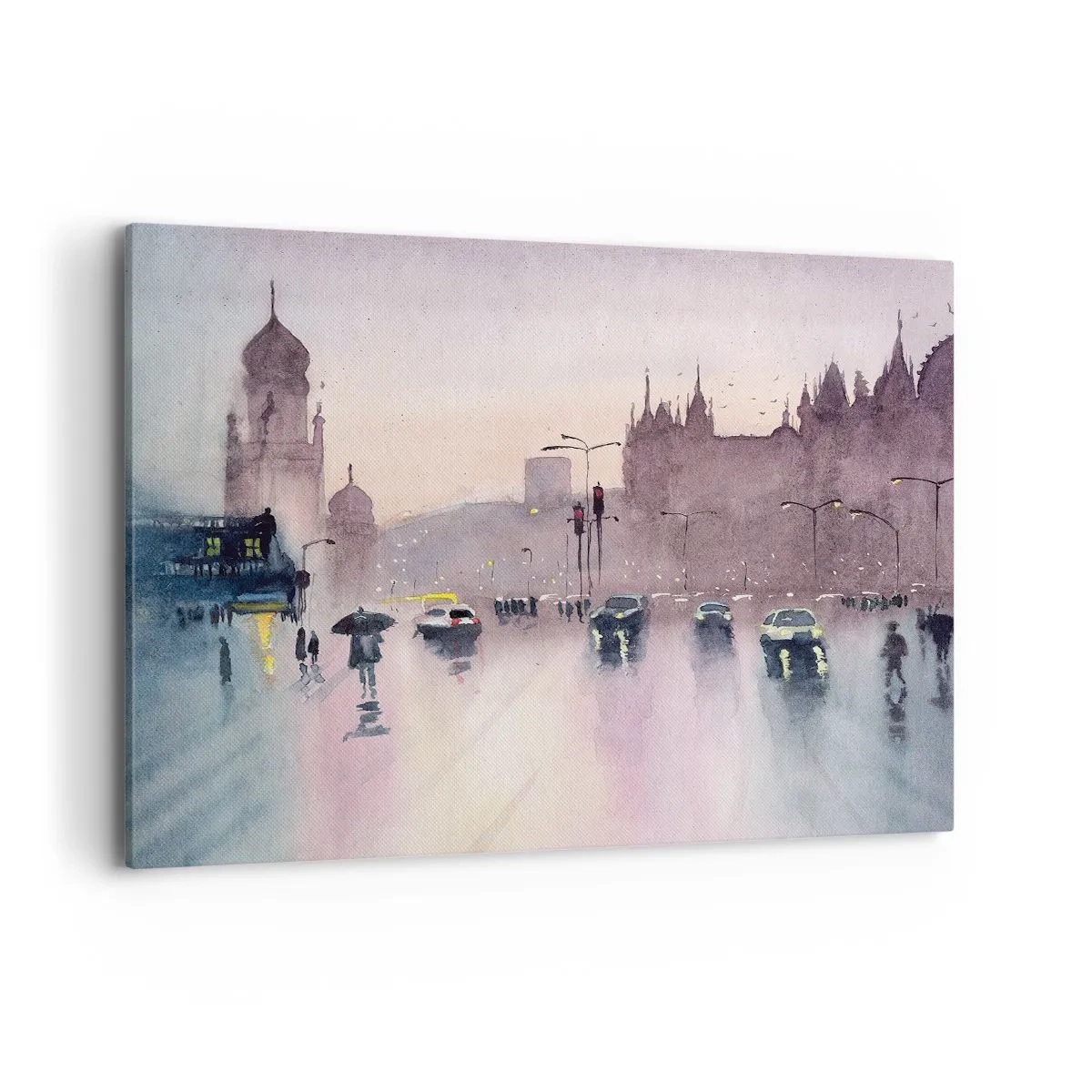 Impression sur toile - Image sur toile - Une rue de la ville au crépuscule dans un style aquarelle - 100x70cm - Dans une brume pluvieuse - Décoration murale moderne pour le salon et la chambre ARTTOR