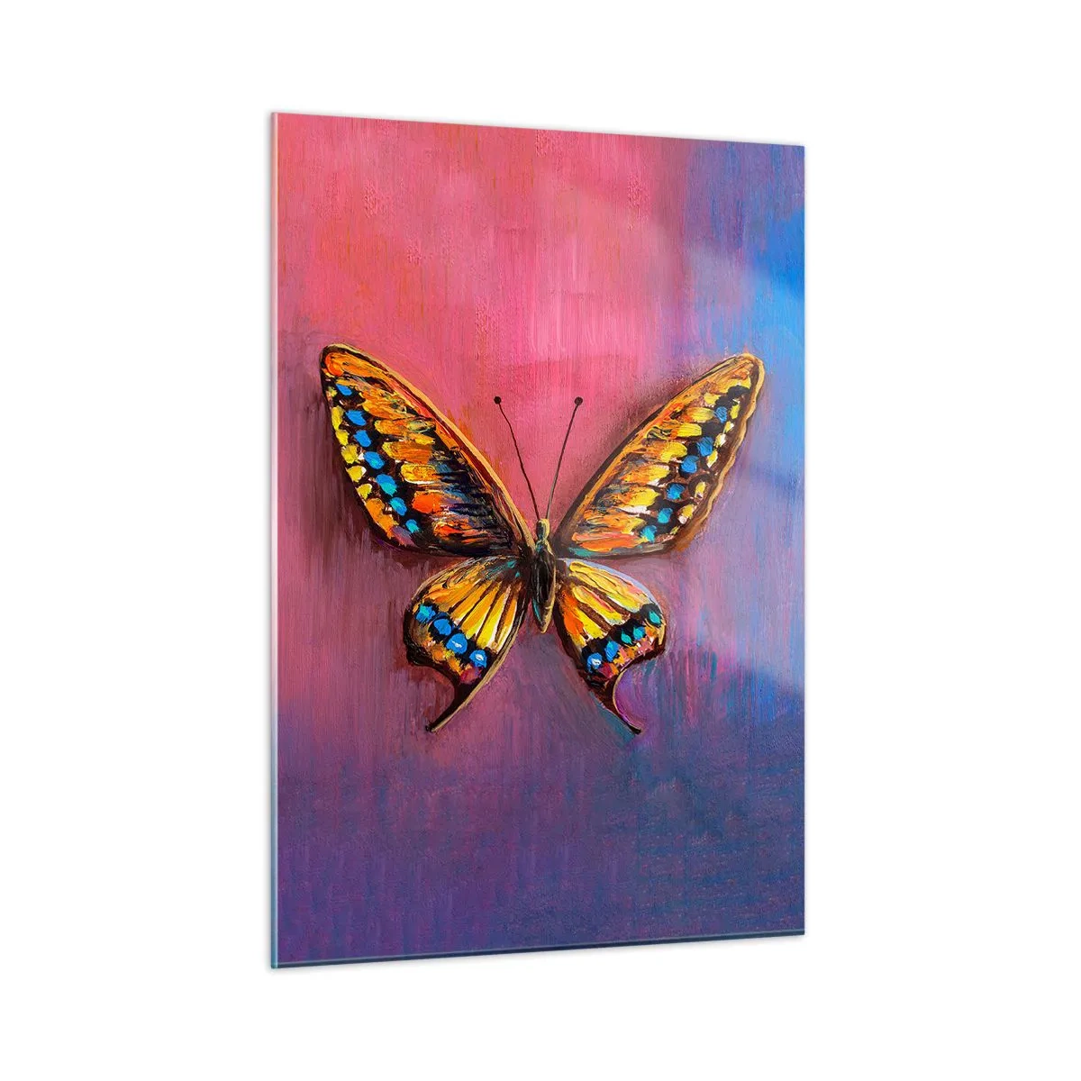 Impression sur verre - Image sur verre - Un papillon coloré sur un fond aux tons roses et violets - 50x70cm - Un joyau de la nature - Décoration murale moderne pour le salon et la chambre ARTTOR