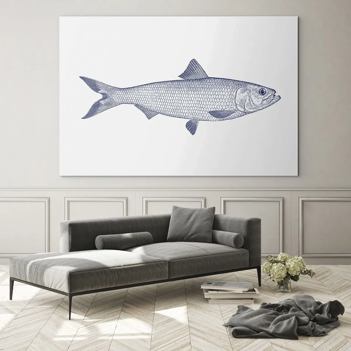 Impression sur verre - Image sur verre - Croquis de poisson de style vintage sur fond clair - 70x50cm - Salutations des mers du nord - Décoration murale moderne pour le salon et la chambre ARTTOR