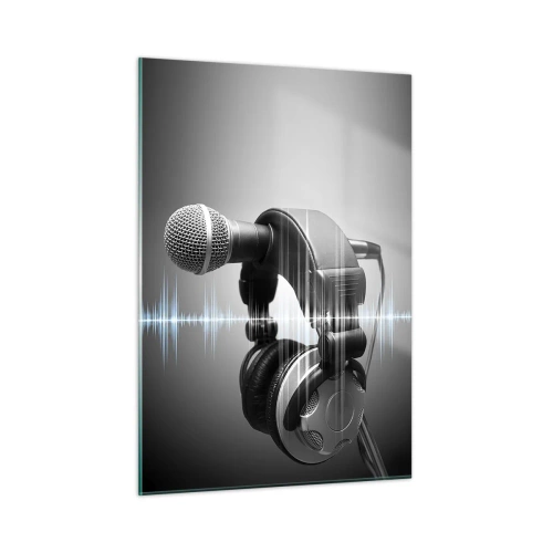 Impression sur verre - Image sur verre - Microphone avec casque sur fond d'ondes sonores - 50x70cm - Vous pouvez encore entendre son chant - Décoration murale moderne pour le salon et la chambre ARTTOR