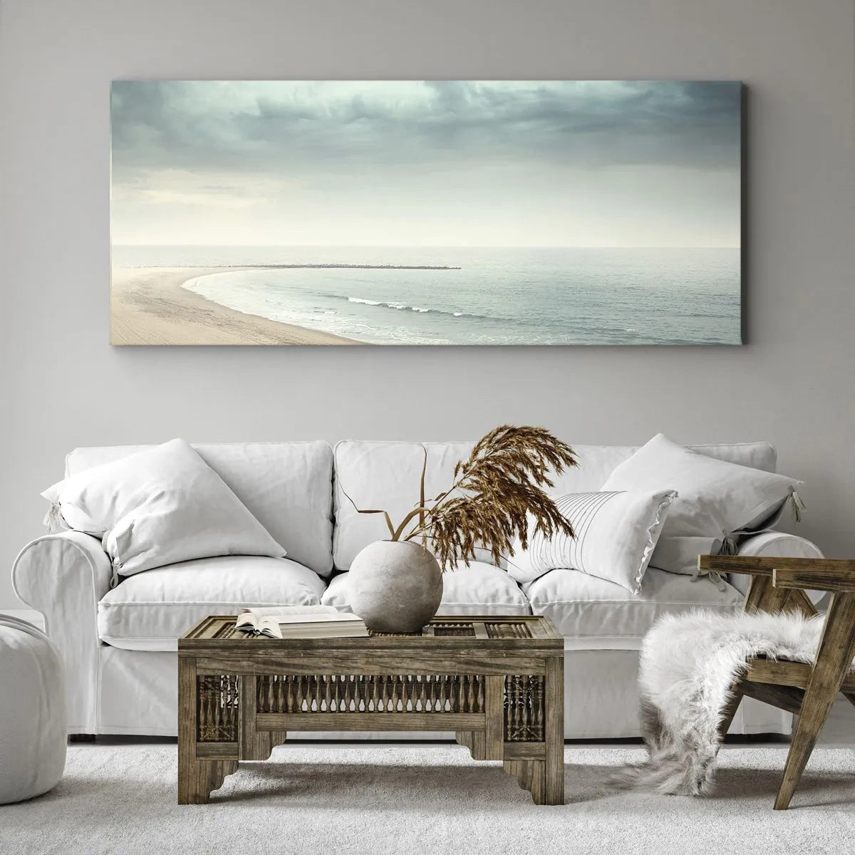 Impression sur toile - Image sur toile - Une silhouette solitaire sur une plage déserte au bord d'une mer calme - 160x50cm - à la recherche de la paix - Décoration murale moderne pour le salon et la chambre ARTTOR