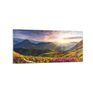 Impression sur verre - Image sur verre - Paysage de montagne avec des rhododendrons en fleurs - 120x50cm - Fraîcheur matinale en montagne - Décoration murale moderne pour le salon et la chambre ARTTOR