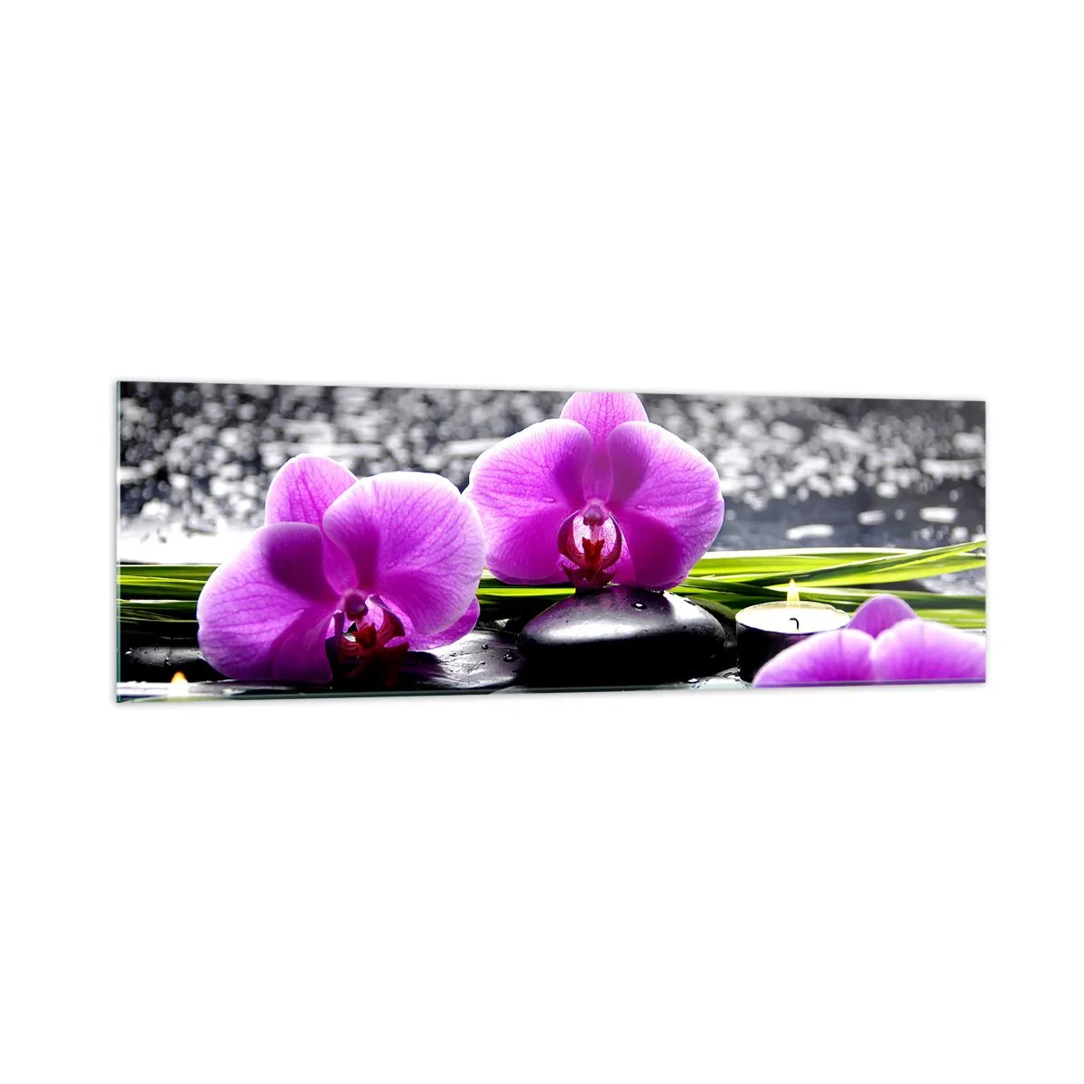 Impression sur verre - Image sur verre - Orchidées violettes sur fond de pierres et de bougies dans un cadre relaxant - 160x50cm - Se noyer dans la paix et la tranquillité - Décoration murale moderne pour le salon et la chambre ARTTOR