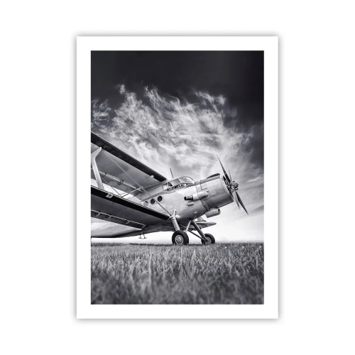 Affiche - Poster - Une image en noir et blanc d'un avion contre un ciel dynamique. - 50x70cm - Le pèlerin ailé - Décoration murale moderne pour le salon et la chambre ARTTOR