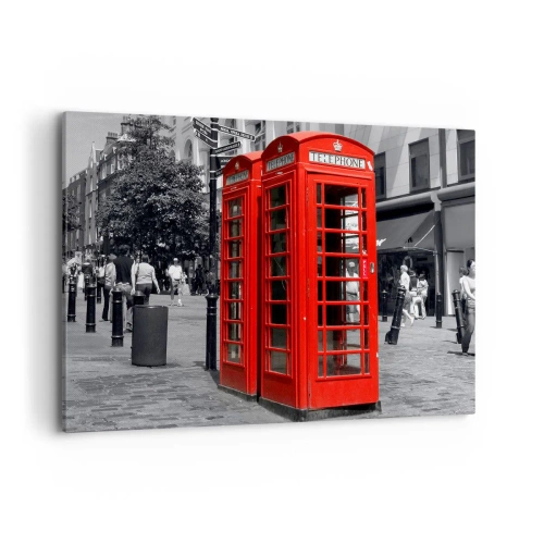 Impression sur toile - Image sur toile - Cabines téléphoniques rouges sur fond urbain noir et blanc. - 100x70cm - Cabines téléphoniques rouges - Décoration murale moderne pour le salon et la chambre ARTTOR