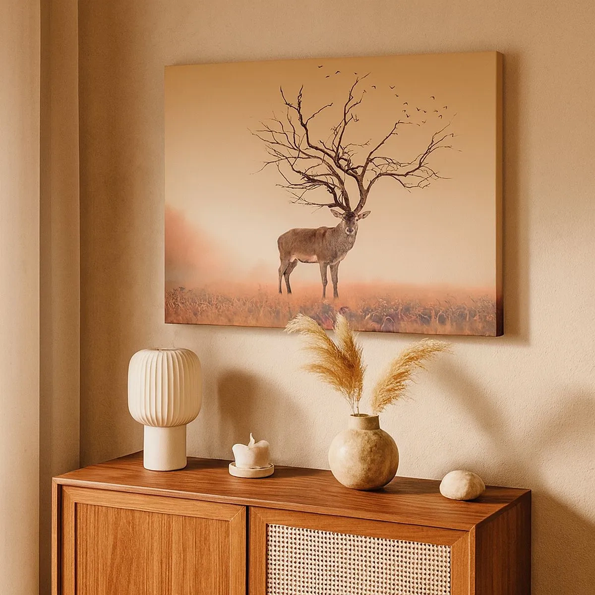 Impression sur toile - Image sur toile - Un graphique de cerf fantaisie avec des branches au lieu de bois - 70x50cm - Cerf de Pra - l'esprit éternel de la forêt - Décoration murale moderne pour le salon et la chambre ARTTOR
