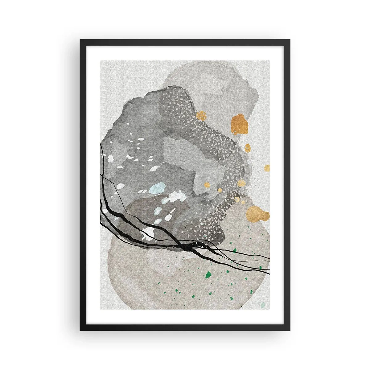 Affiche dans un cadre noir - Poster - Une composition de formes organiques dans des tons de gris et d'or. - 50x70cm - Composition organique - Décoration murale moderne pour le salon et la chambre ARTTOR
