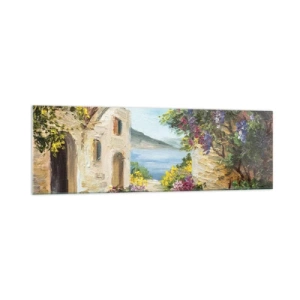 Impression sur verre - Image sur verre - Paysage de bord de mer avec des bâtiments en pierre et des fleurs - 160x50cm - Le charme d'une province côtière - Décoration murale moderne pour le salon et la chambre ARTTOR
