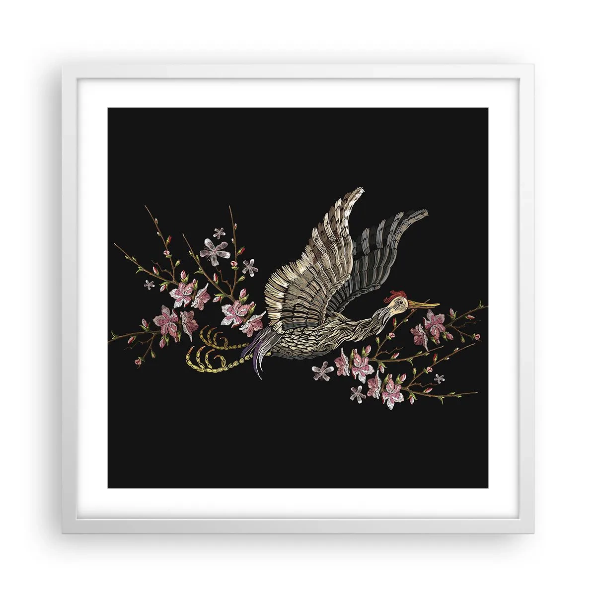 Affiche dans un cadre blanc - Poster - Oiseau brodé exotique - 50x50 cm