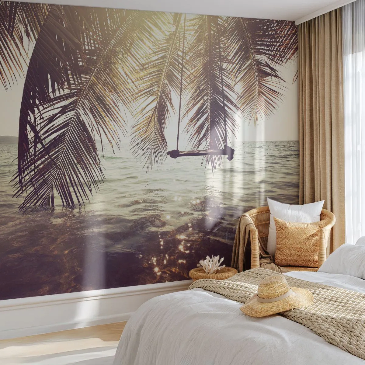 Papier Peint Photo Premium Canvas - Palmier avec une balançoire au-dessus de l'eau au soleil - 100x70cm - Vous pouvez vous balancer dans les nuages