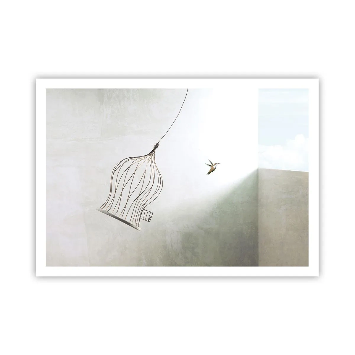 Affiche - Poster - Un oiseau libéré d'une cage sur fond de ciel lumineux - 100x70cm - Dans son élément - Décoration murale moderne pour le salon et la chambre ARTTOR