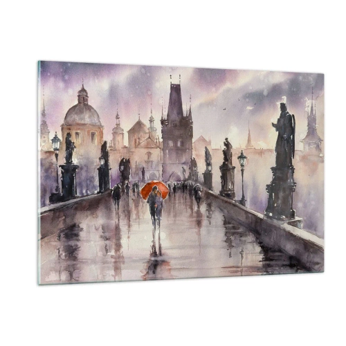 Impression sur verre - Image sur verre - Marcher sous la pluie sur un pont avec un parapluie orange - 120x80cm - Les gens ne changent pas - Décoration murale moderne pour le salon et la chambre ARTTOR