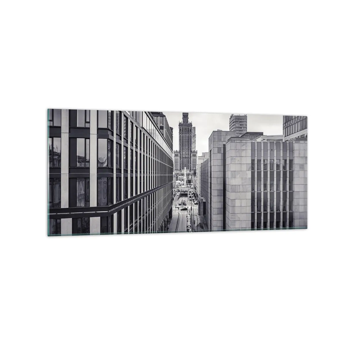 Impression sur verre - Image sur verre - Panorama de Varsovie avec vue sur le Palais de la Culture et les bâtiments environnants - 120x50cm - Vallée de Varsovie - Décoration murale moderne pour le salon et la chambre ARTTOR