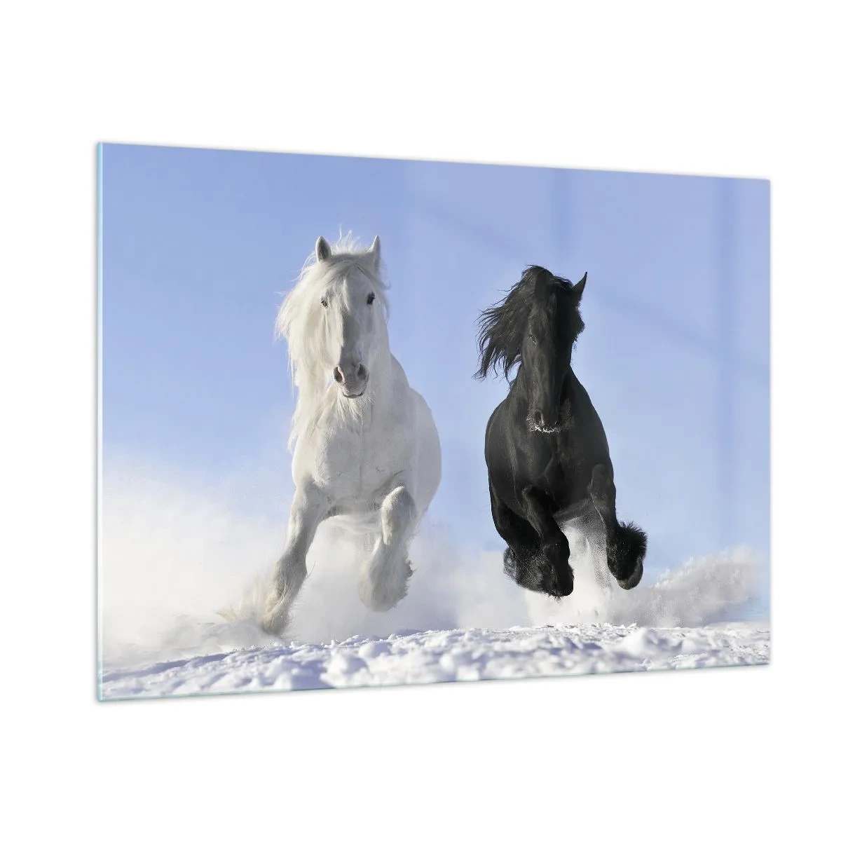 Impression sur verre - Image sur verre - Un cheval noir et blanc courant dans la neige dans un paysage hivernal - 100x70cm - Galop noir et blanc - Décoration murale moderne pour le salon et la chambre ARTTOR