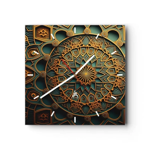 Horloge murale - Pendule murale - Un mandala doré sur fond turquoise avec des détails riches. - 30x30cm - Dans une ambiance arabe - Décoration murale moderne pour le salon et la chambre ARTTOR