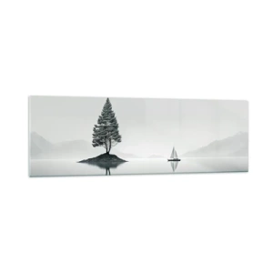 Impression sur verre - Image sur verre - Un paysage minimaliste avec un arbre sur une île et un voilier. - 160x50cm - Un rêve somnolent - Décoration murale moderne pour le salon et la chambre ARTTOR