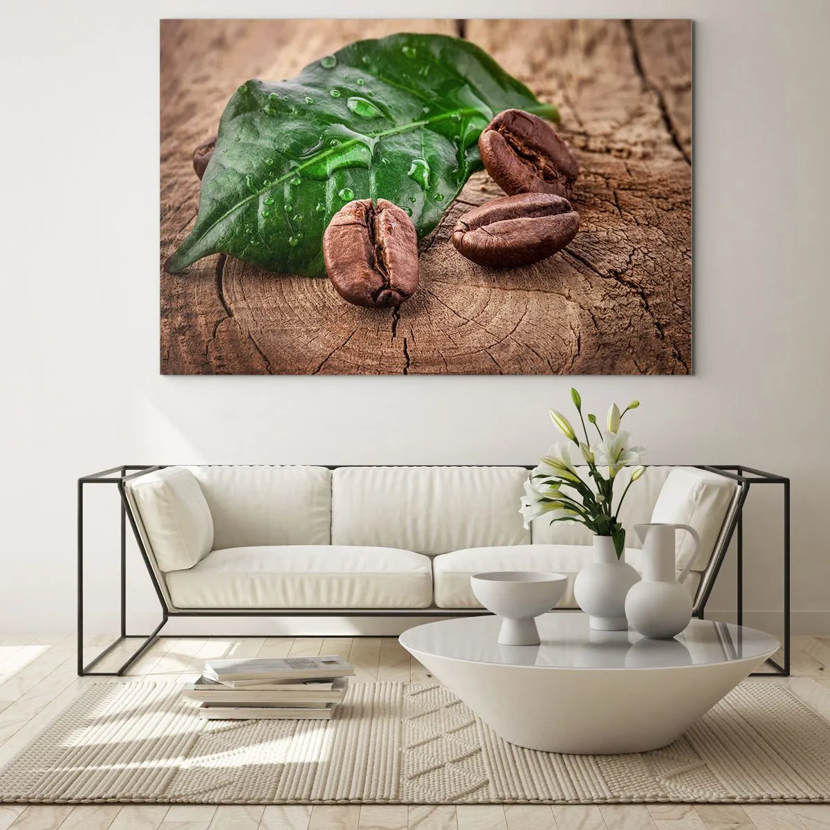 Impression sur verre - Image sur verre - Grains de café sur fond de feuilles et de bois - 70x50cm - La plus vraie et noire - Décoration murale moderne pour le salon et la chambre ARTTOR