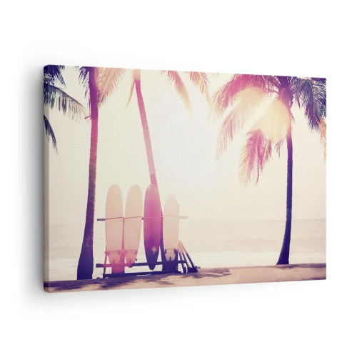 Impression sur toile - Image sur toile - Palmiers et planches de surf sur la plage au soleil - 70x50cm - Ca va être une journée magnifique - Décoration murale moderne pour le salon et la chambre ARTTOR