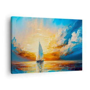 Impression sur toile - Image sur toile - Un voilier sur fond de soleil couchant et de nuages colorés - 70x50cm - Expédition en or - Décoration murale moderne pour le salon et la chambre ARTTOR