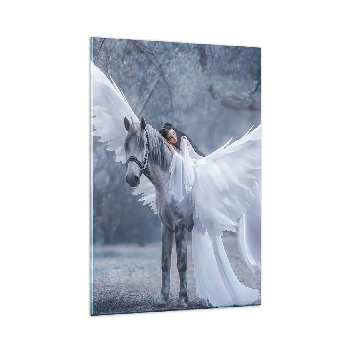 Impression sur verre - Image sur verre - Une femme sur un cheval blanc avec des ailes dans une forêt magique - 80x120cm - Un moment inspiré - Décoration murale moderne pour le salon et la chambre ARTTOR