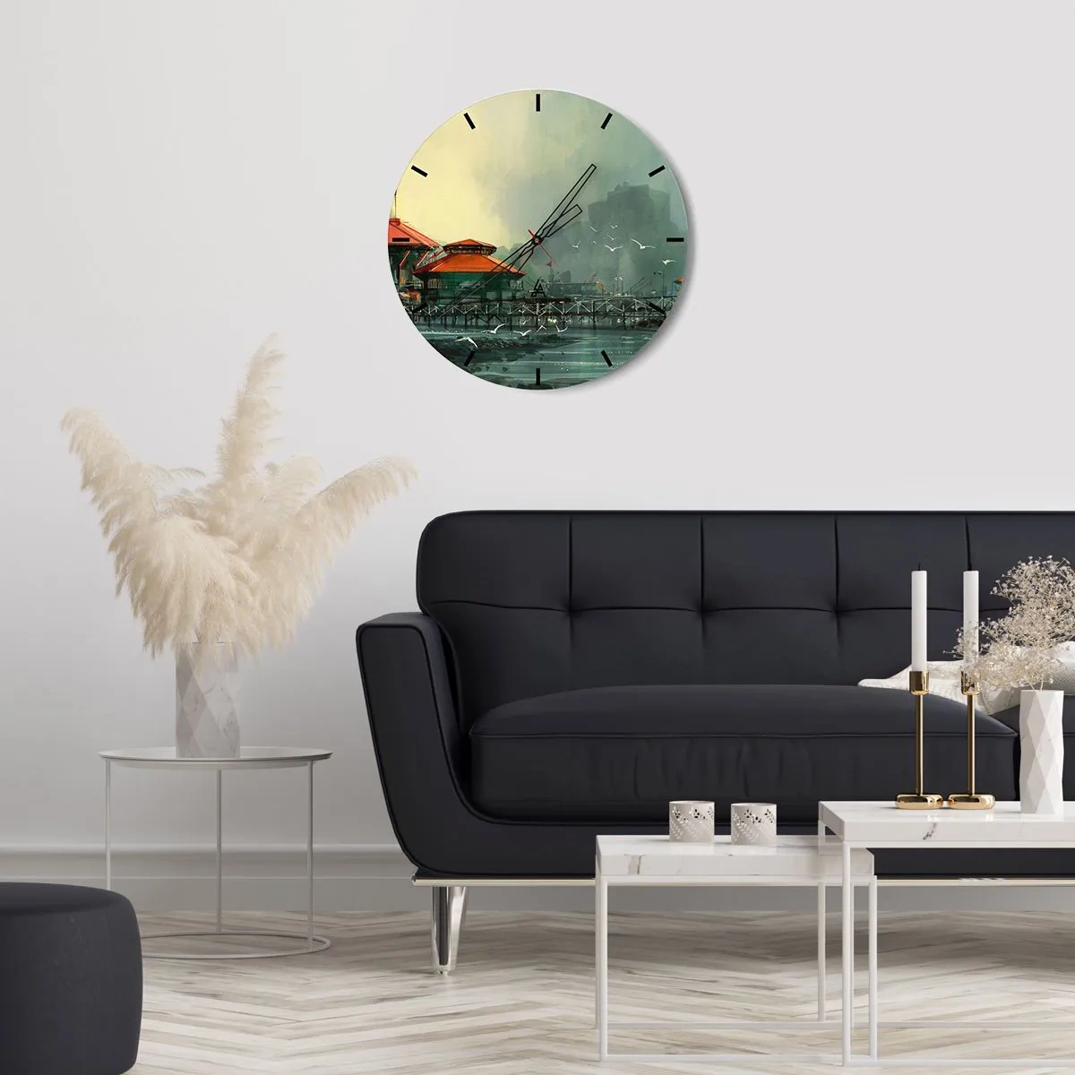 Horloge murale - Pendule murale - Une journée ensoleillée au port - 40x40 cm