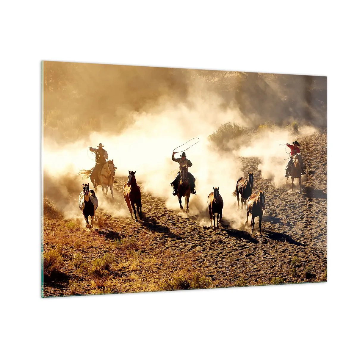 Impression sur verre - Image sur verre - Cowboys à cheval dans la poussière lors d'un rodéo - 100x70cm - L'ouest vraiment sauvage - Décoration murale moderne pour le salon et la chambre ARTTOR