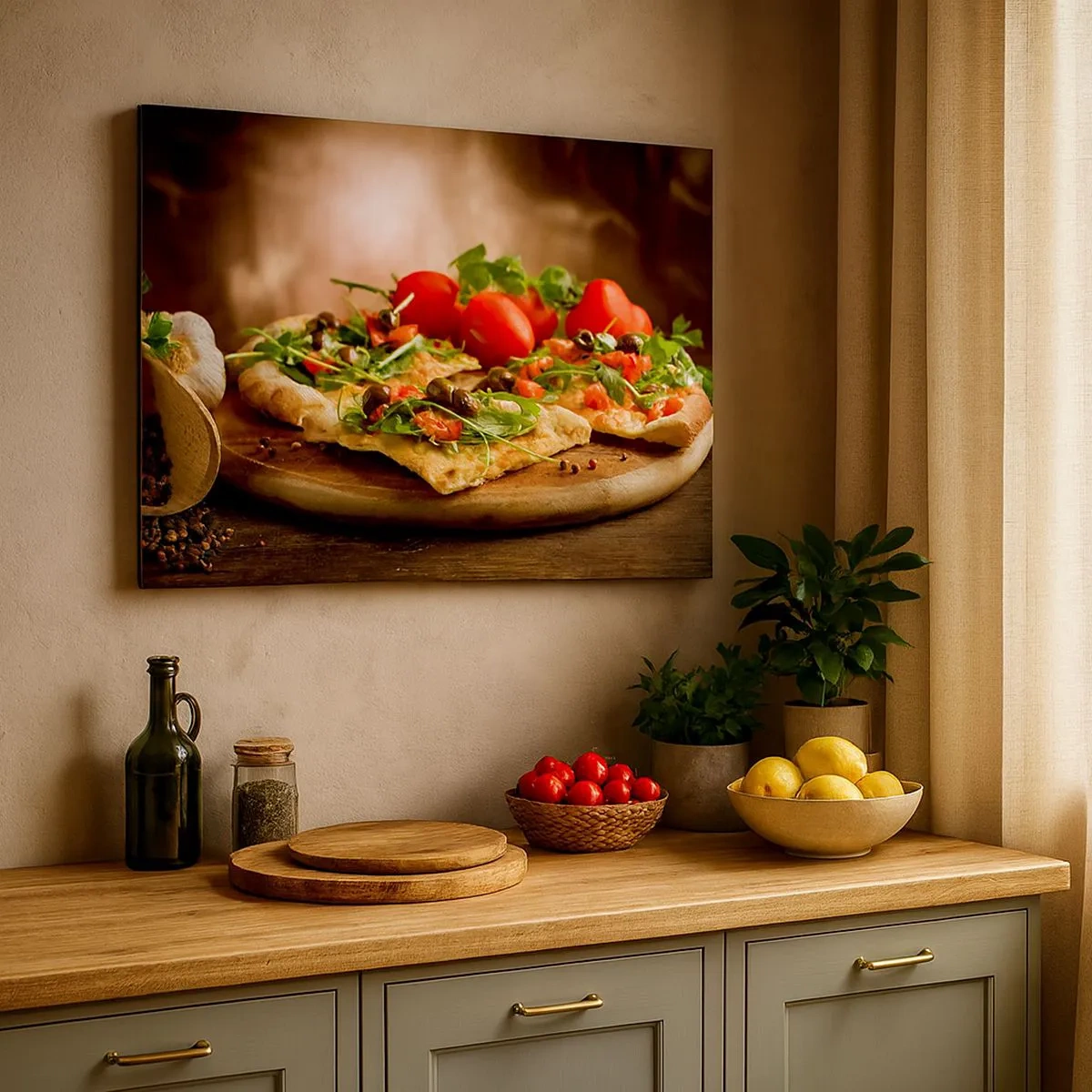 Impression sur toile - Image sur toile - Pizza aux légumes sur une planche en bois dans un style rustique - 70x50cm - Directement du four et du jardin - Décoration murale moderne pour le salon et la chambre ARTTOR