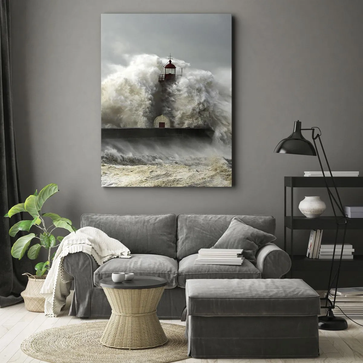 Impression sur toile - Image sur toile - Un phare entouré de vagues violentes pendant une tempête - 70x100cm - La colère de l'océan - Décoration murale moderne pour le salon et la chambre ARTTOR