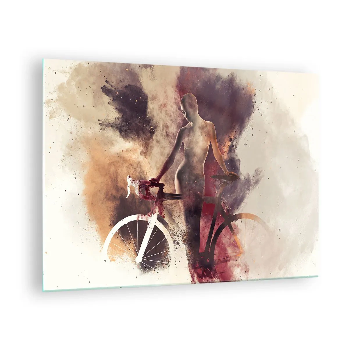 Impression sur verre - Image sur verre - Silhouette d'un vélo dans un nuage artistique de couleurs - 70x50cm - Une âme de vélo aux formes marbrées - Décoration murale moderne pour le salon et la chambre ARTTOR