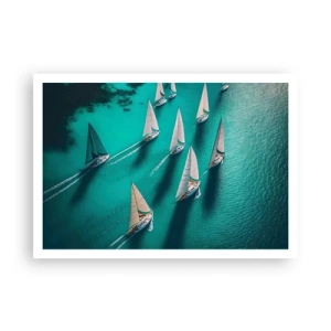 Affiche - Poster - Yachts sur l'eau turquoise en mouvement dynamique - 100x70cm - Dans une compétition avec le vent - Décoration murale moderne pour le salon et la chambre ARTTOR