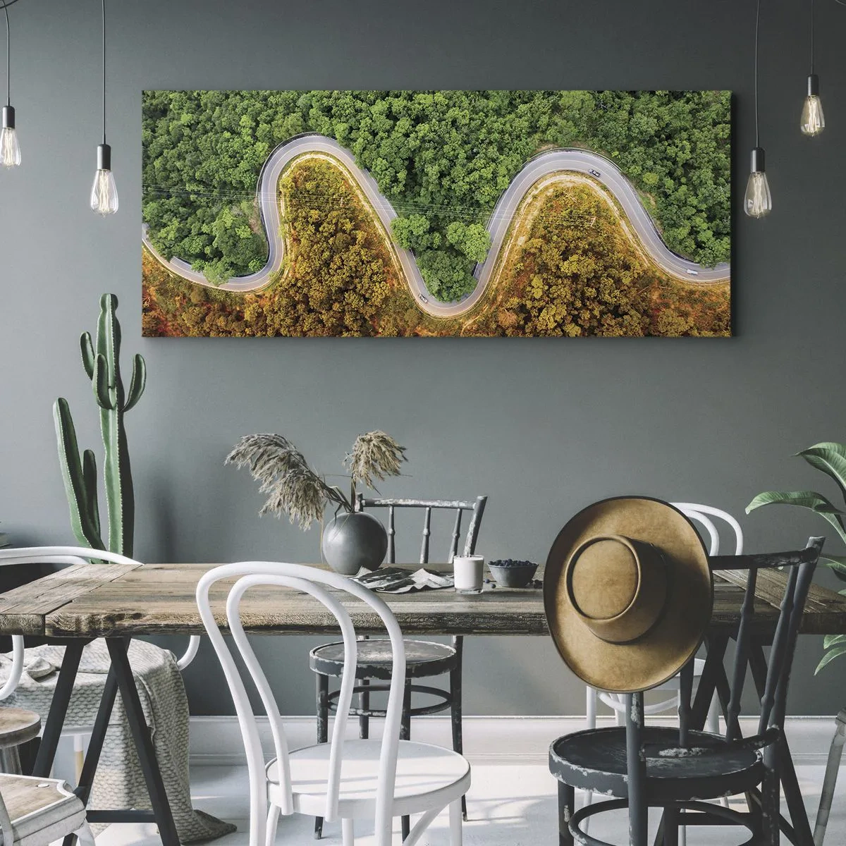 Impression sur toile - Image sur toile - Une route sinueuse à travers la forêt vue à vol d'oiseau - 120x50cm - Frontieres et differences - Décoration murale moderne pour le salon et la chambre ARTTOR