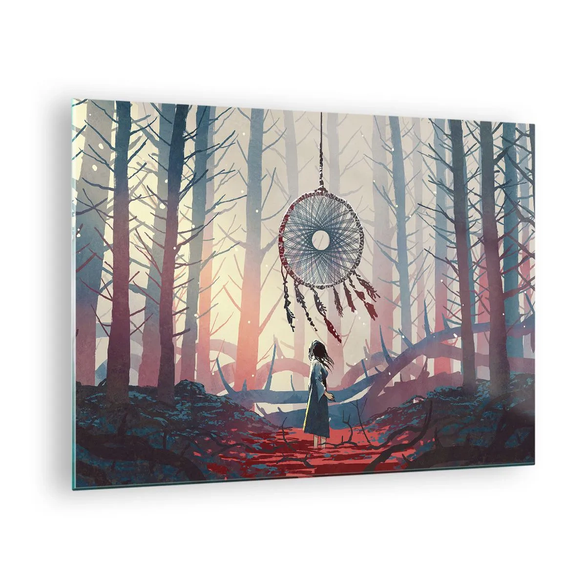 Impression sur verre - Image sur verre - Une silhouette dans la forêt regarde un grand attrape-rêves flottant dans les airs. - 70x50cm - Rituel secret du bonheur - Décoration murale moderne pour le salon et la chambre ARTTOR