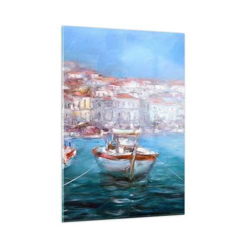 Impression sur verre - Image sur verre - Port de pêche avec des bateaux sur fond de bâtiments italiens et de ciel bleu - 50x70cm - Baie italienne - Décoration murale moderne pour le salon et la chambre ARTTOR