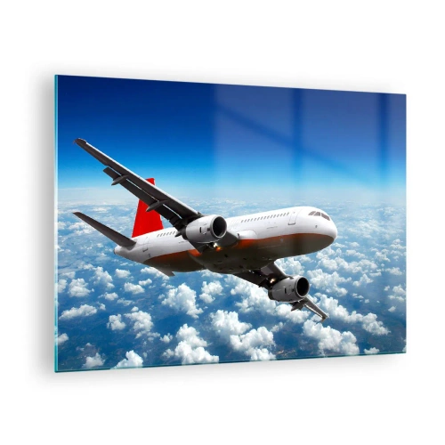 Impression sur verre - Image sur verre - Un avion de ligne volant au-dessus des nuages contre un ciel bleu - 70x50cm - Éloignez-vous de tout - Décoration murale moderne pour le salon et la chambre ARTTOR