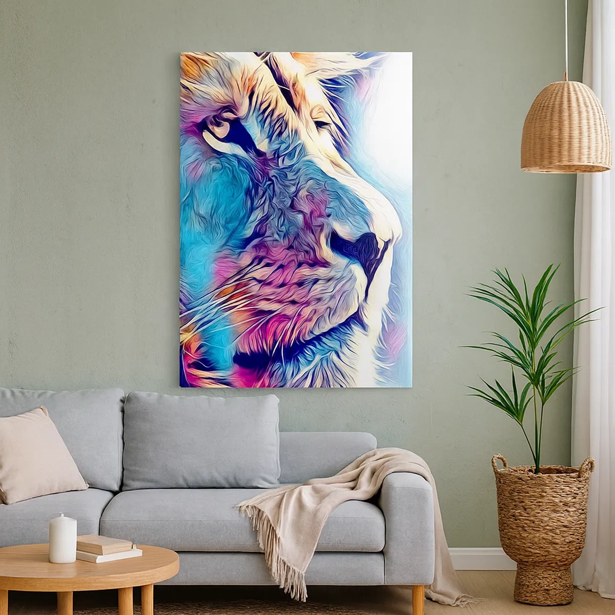 Impression sur toile - Image sur toile - Portrait d'un lion aux couleurs vives et abstraites - 50x70cm - L'intelligence de la nature - Décoration murale moderne pour le salon et la chambre ARTTOR