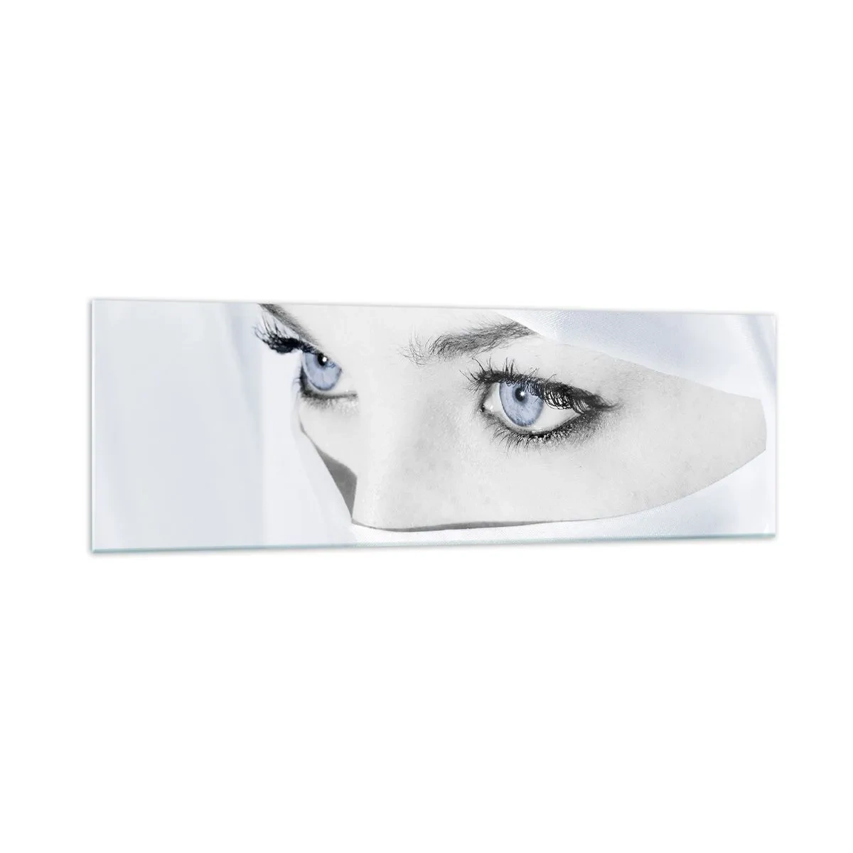 Impression sur verre - Image sur verre - Portrait d'une femme aux yeux bleus cachés derrière un voile blanc - 160x50cm - Directement des mille et une nuits - Décoration murale moderne pour le salon et la chambre ARTTOR