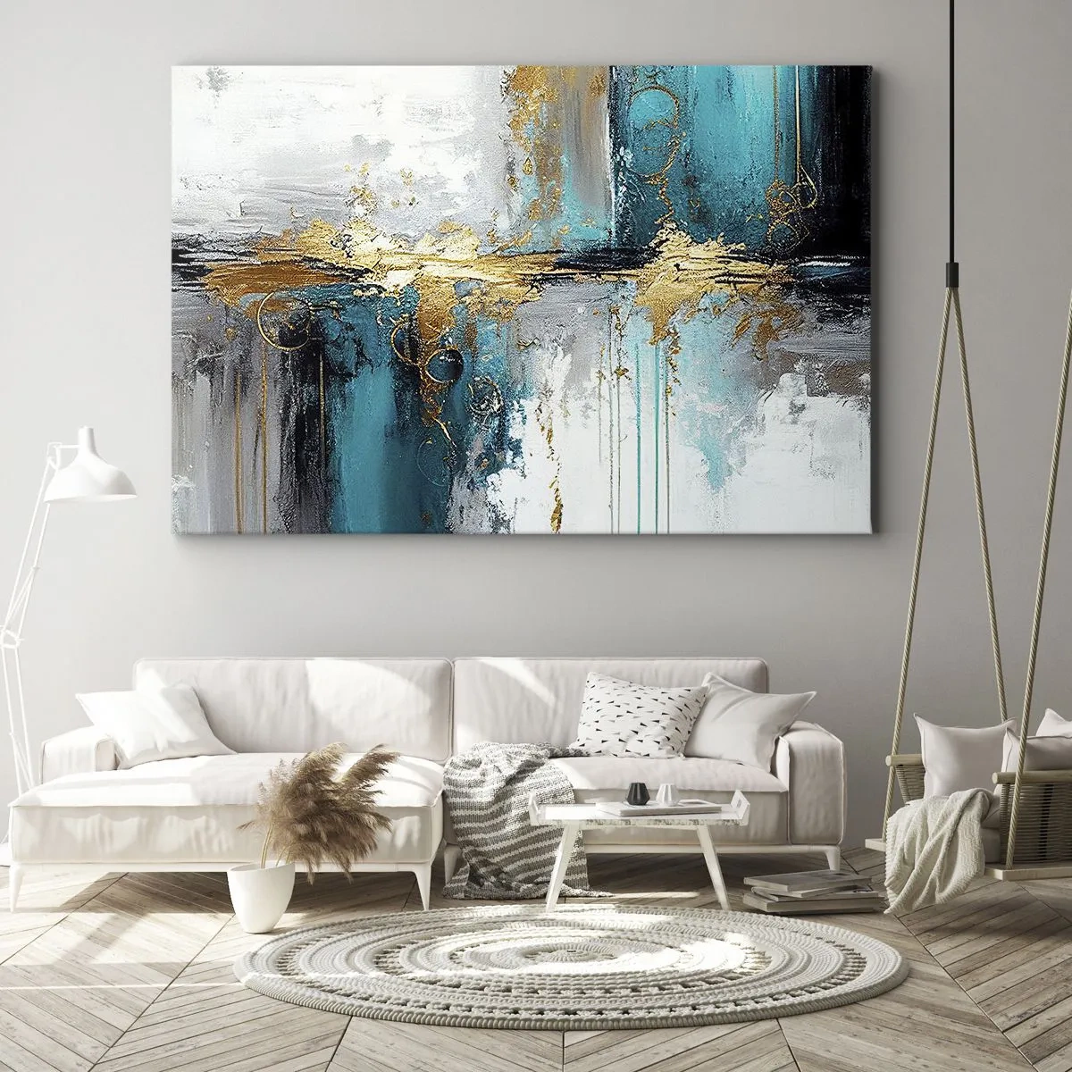 Impression sur toile - Image sur toile - Une composition abstraite aux accents turquoise et dorés. - 100x70cm - Tout coule - Décoration murale moderne pour le salon et la chambre ARTTOR