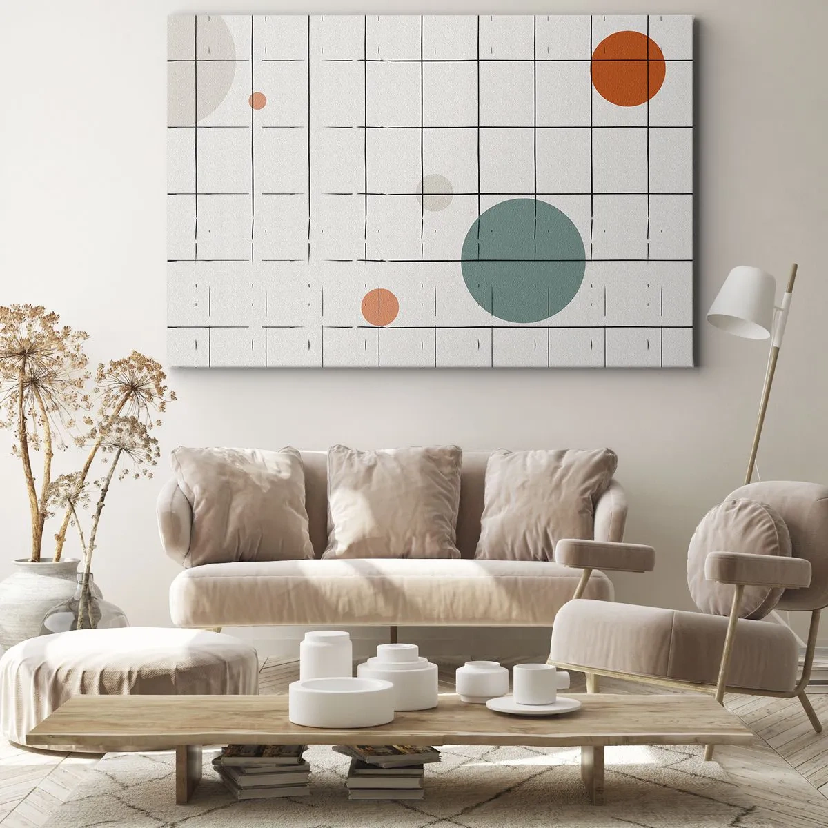 Impression sur toile - Image sur toile - Cercles colorés abstraits sur un fond de grille géométrique - 100x70cm - Piégé. Nous ou eux ? - Décoration murale moderne pour le salon et la chambre ARTTOR