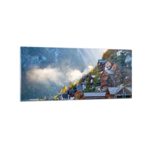 Impression sur verre - Image sur verre - Un village de montagne au bord d'un lac dans un paysage d'automne - 120x50cm - Ambiance alpine - Décoration murale moderne pour le salon et la chambre ARTTOR