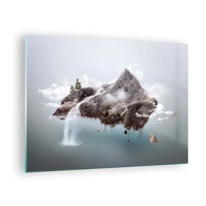 Impression sur verre - Image sur verre - Une île de montagne flottante avec une cascade dans un style surréaliste. - 70x50cm - L'oeil du surréaliste - Décoration murale moderne pour le salon et la chambre ARTTOR