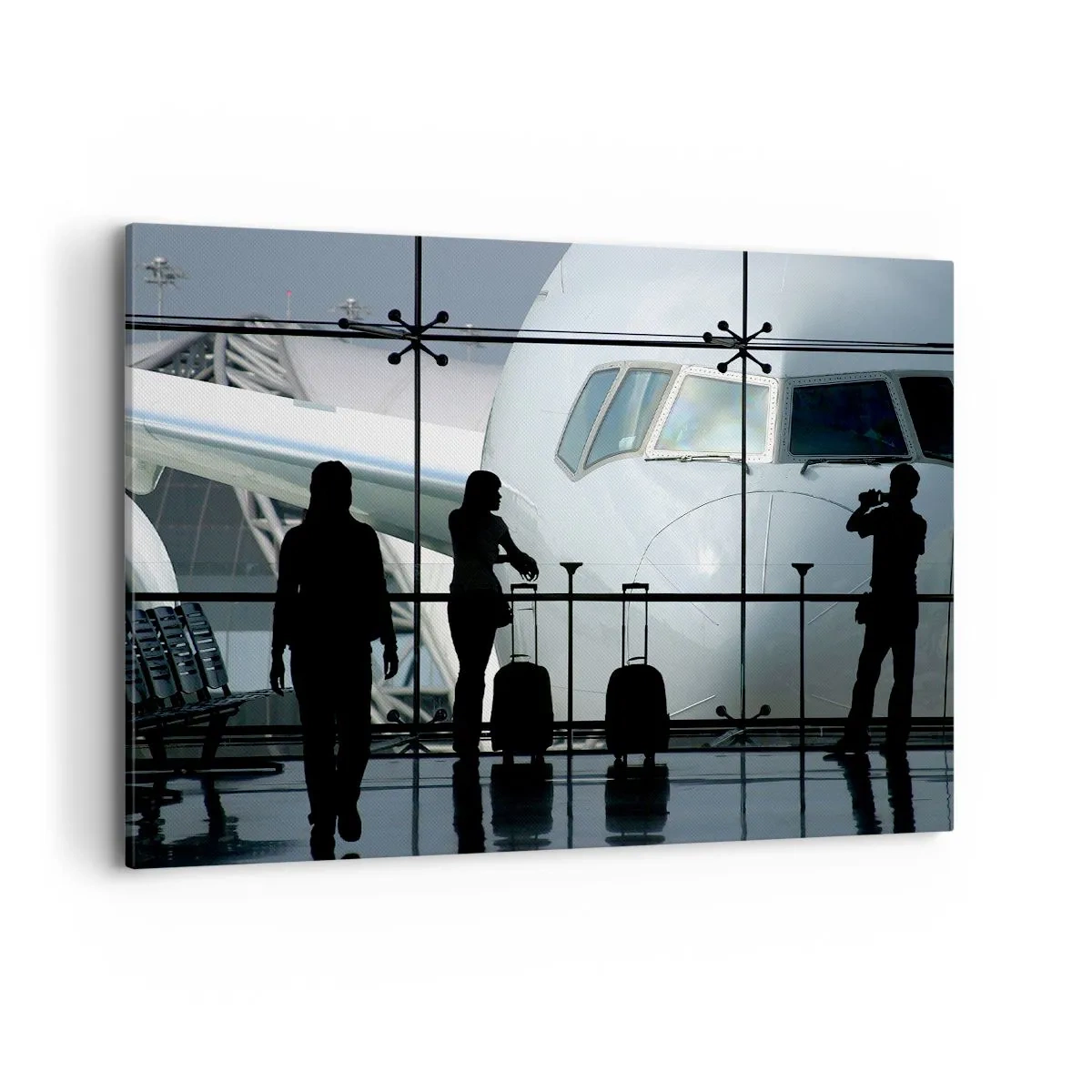Impression sur toile - Image sur toile - Aéroport avec des silhouettes de personnes et une vue de l'avion - 100x70cm - Vis-à-vis de l'aéroport - Décoration murale moderne pour le salon et la chambre ARTTOR